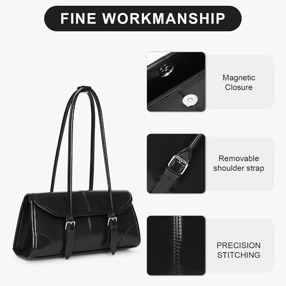 Women's Black Faux Leather Tote Bag Small Shoulder Handbag Purse